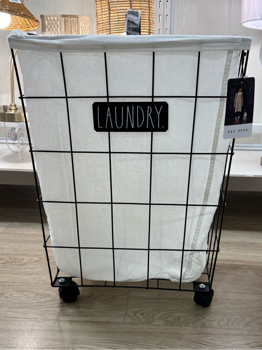 NWT Rae Dunn “Laundry” Rectangular Blk Wire Laundry Basket Hamper Cart w/Wheels